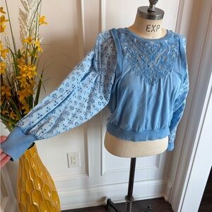 Pilcro Light Blue Embroidered Balloon Sleeve with cuff Pullover Knit Top